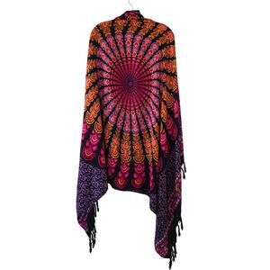 Back From Bali Mandala Elephant Print Boho Shawl Wrap Kimono Scarf Rayon Black